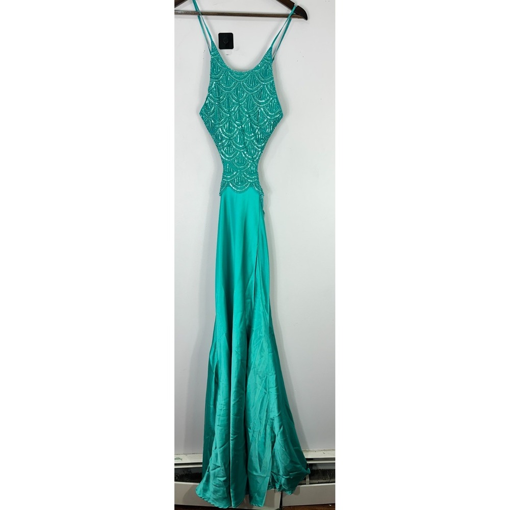 Fashion Nova Dress S Satin Beaded Cutout Backless Mermaid Y2K Pro Glam Gown